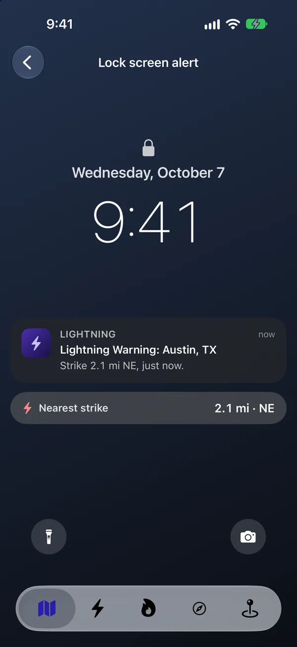 A Lightning alert on the Lock Screen