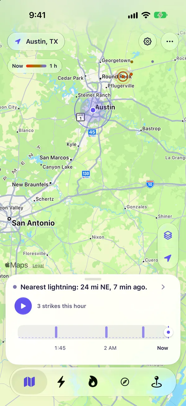 The Lightning map with strikes colored by age